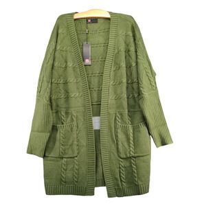 Kancy Cole Women's Open Front Cable Knit Cardigan Sweater L Green Pockets W/Tags